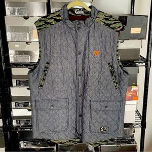 Crooks & Castles Denim/Tiger Camouflage quilted cotton reversible vest men’s XXL